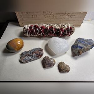 Aviva stanoff wooden box with sage and different crystals Never Used